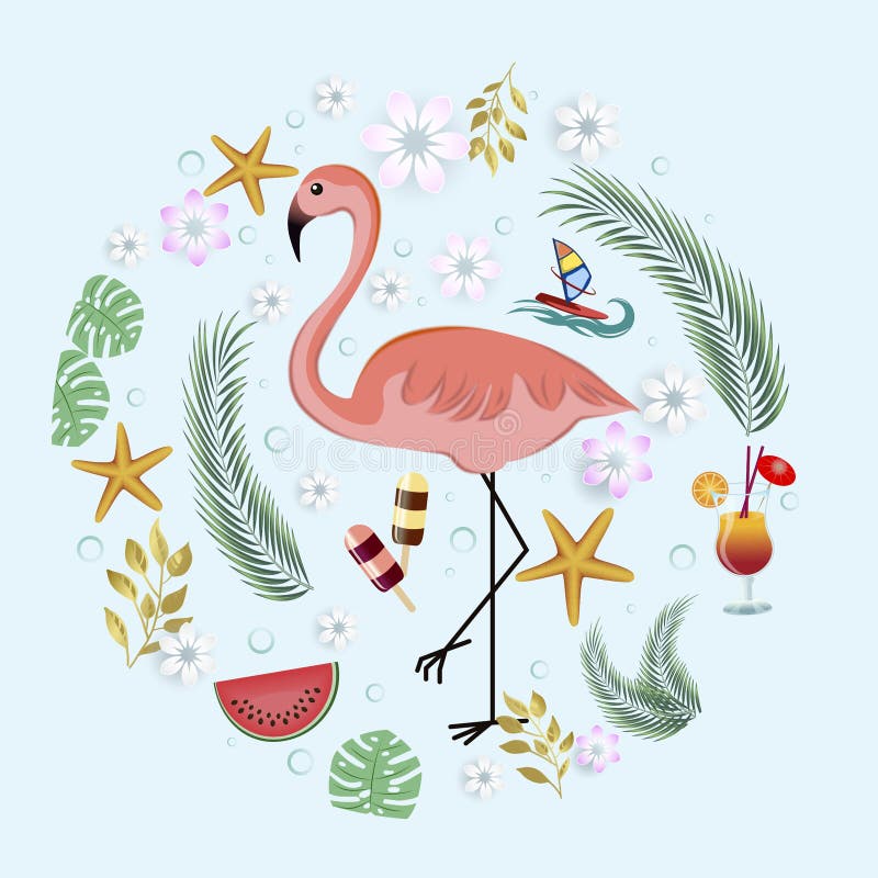 Jasnoletni plakat. różowe flamingo otoczone uroczymi, letnimi ikonami : napoje spożywcze kwiaty z liści palmy. royalty ilustracja