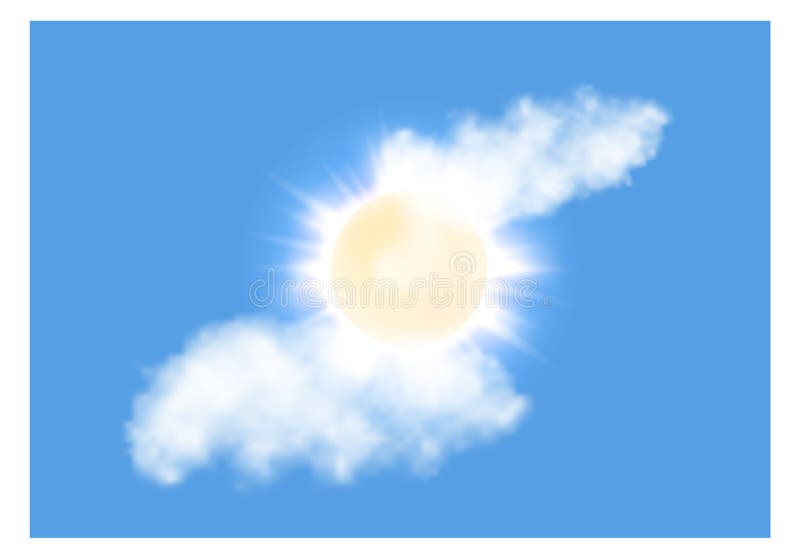 Jasnoniebieski niebo. realistyczna, fluffy chmura i słońce świecą ilustracji