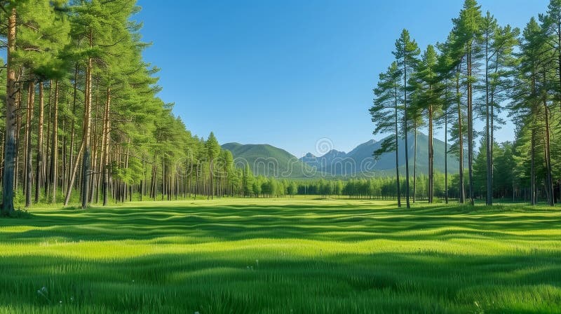 Jasnozielona łąka otoczona lasem sosnowym ilustracja wektor