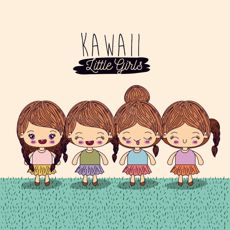 Jasnożółty tło ustawia cztery ślicznej pełnej ciała kawaii małej dziewczynki ilustracja wektor Jasnożółty tło ustawia cztery ślicznej pełnej ciała kawaii małej dziewczynki ilustracja wektor