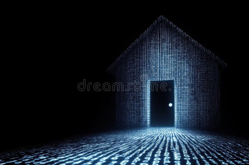 Jasny kod binarny otacza inteligentną strukturę domu w ciemnym środowisku cyfrowym fotografia stock