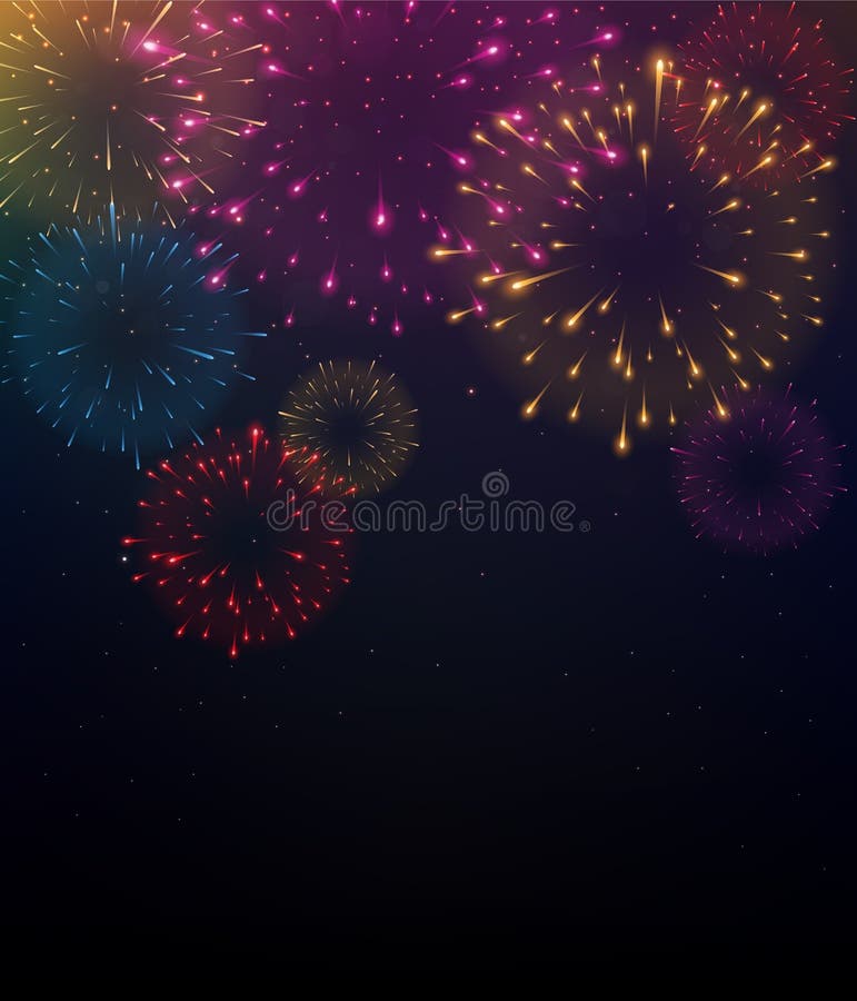Jasny kolorowy program Fireworks w nocnym tle ilustracja wektor