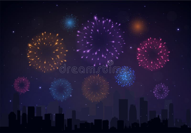Jasny kolorowy program Fireworks w nocnym tle ilustracja wektor