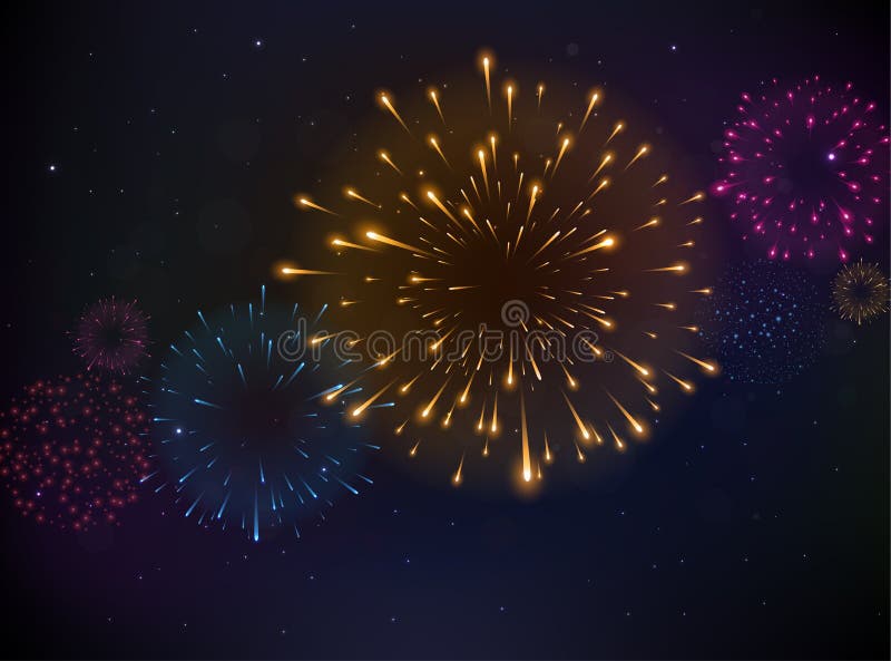 Jasny kolorowy program Fireworks w nocnym tle ilustracja wektor