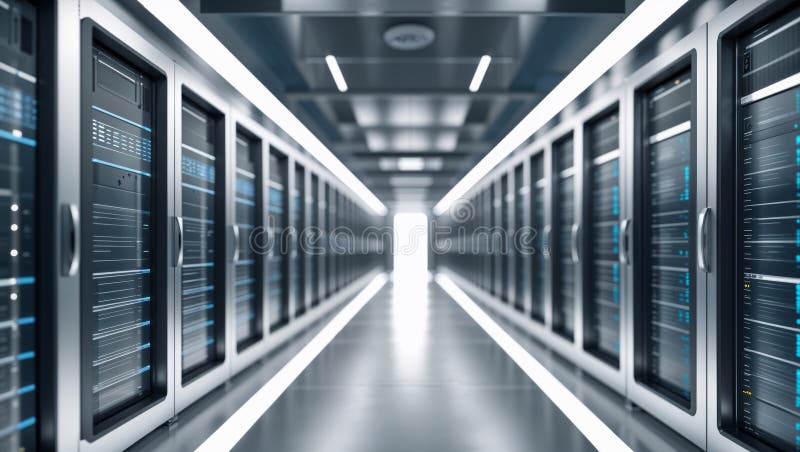 Jasny korytarz serwerów danych Machine Learning. fotografia stock