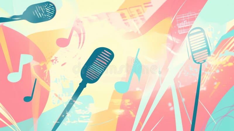 Jasny minimalista K pop inspired tło z żywymi nutami muzycznymi i stylowymi mikrofonami w dynamicznym otoczeniu zdjęcia royalty free