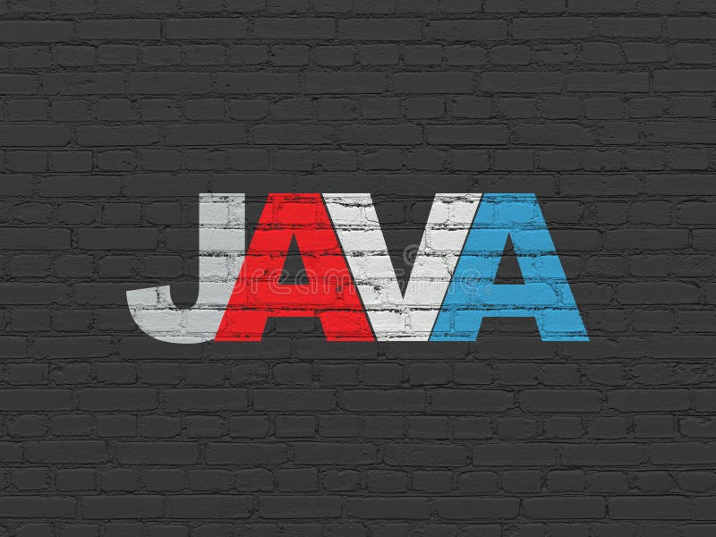 编程的概念：在黑砖墙背景的被绘的多色文本Java.