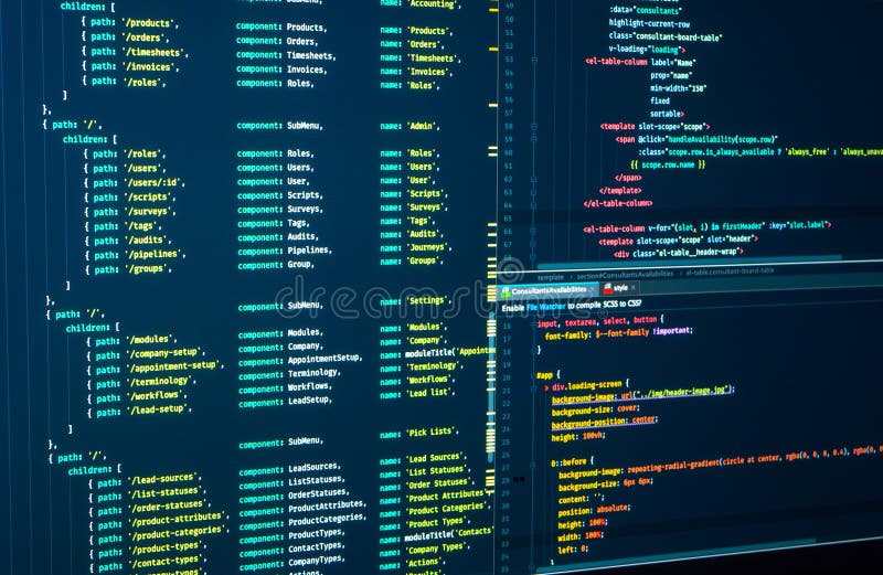 Javascript. Software-Programmiercode. Abstrakter Computer-Skriptcode. Programmiercode auf dem Bildschirm. Vue js, Markup