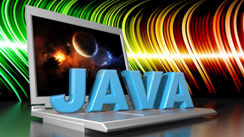 JAVA nelle lettere blu che si restringono e che crescono su un pc del computer portatile.