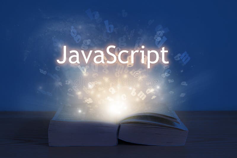 JavaScript 铭文位于一本打开的书上方。光线从打开的书本中散发出来，上面写着 javascript 字样 库存照片