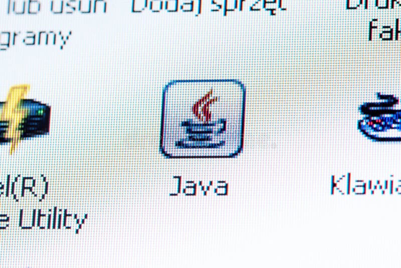 Java 标志图标和编程语言的简单概念，没有人。Java 软件应用程序开发，公司标志，笔记本电脑 库存图片