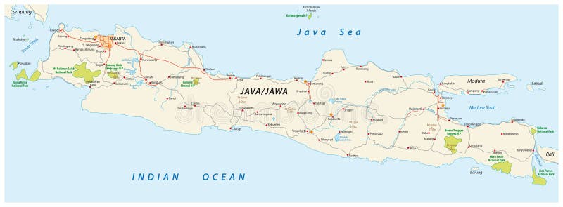 Java Road And National Park Map, Indonesia Stock Illustration - Illustration of vector, park ...