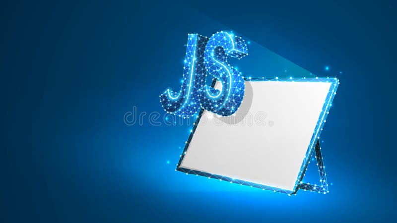 Java Script coding language sign on white tablet screen. Device, programming, developing concept. Abstract, digital, wireframe, low poly mesh, vector blue neon 3d illustration. Line dot star. Coding mesh vectors