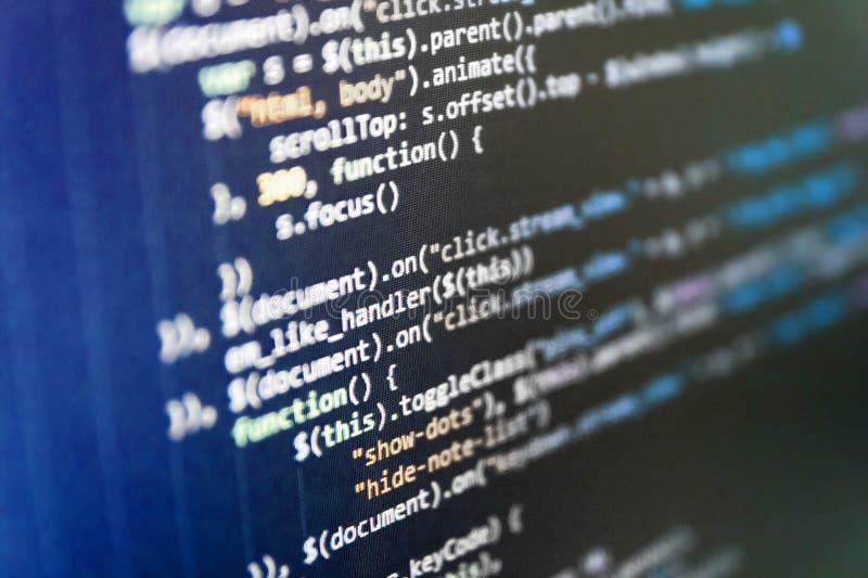 JavaScript code in text editor. Big data storage and cloud computing. Source code script stock images, royalty-free photos and pictures
