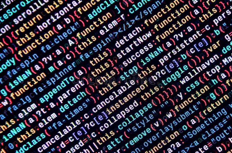 JavaScript code in text editor. Coding cyberspace concept. Screen of web developing javascript code. Implementing SEO concepts for better SERP. HTML markup language closeup. Website design. Programming coding script java stock images, royalty-free photos and pictures
