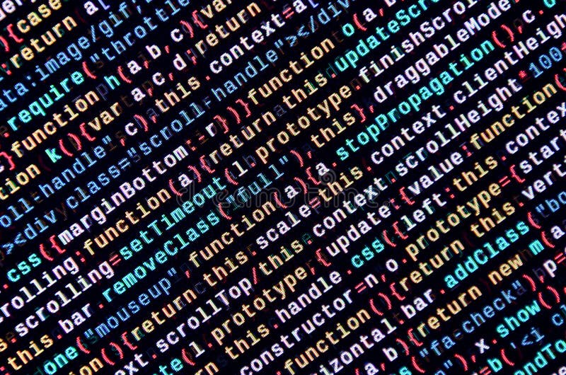 JavaScript code in text editor. Coding cyberspace concept. Screen of web developing javascript code. Implementing SEO concepts for better SERP. HTML markup language closeup. Website design. Programming coding script java stock images, royalty-free photos and pictures