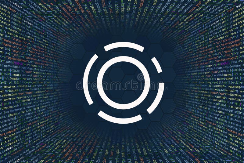 Aion，AION加密货币的符号。来自计算机程序代码的隧道。程序员代码字符串，Javascript，CSS和PHP 库存图片