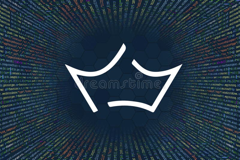 Crown,CRW加密货币符号。来自计算机程序代码的隧道。程序员代码字符串,Javascript,CSS和PHP 库存照片