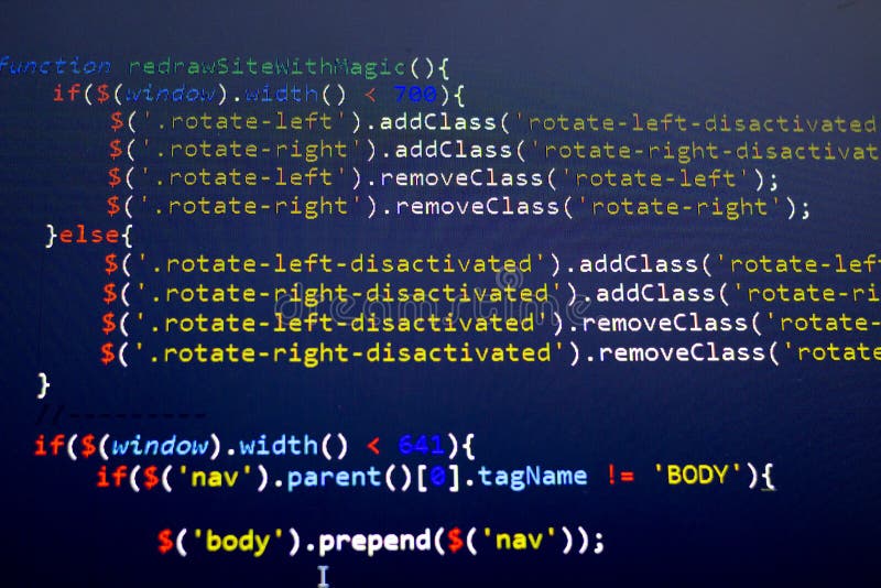 Javascript front-end code. Computer programming source code. Abstract screen of web developer. Digital technology modern background in warm colors. Shallow depth of field. Code is created by myself.