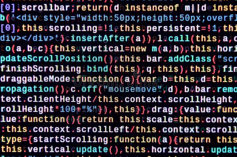 Javascript functions, variables, objects. Monitor closeup of function source code. IT specialist workplace royalty free illustration