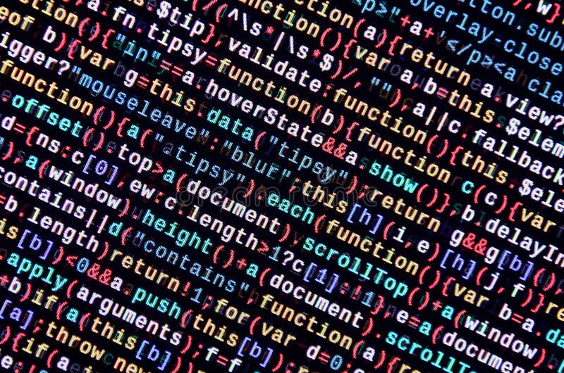 Javascript functions, variables, objects. Monitor closeup of function source code. IT specialist workplace vector illustration