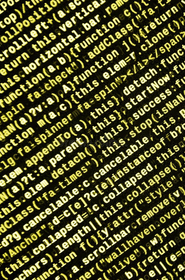 Javascript functions, variables, objects. Monitor closeup of function source code. IT specialist workplace royalty free illustration