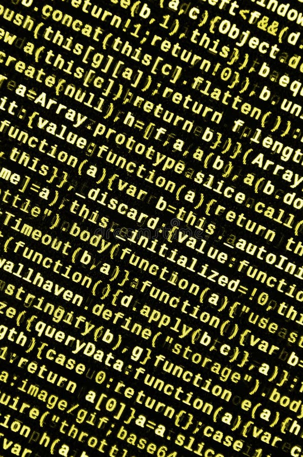 Javascript functions, variables, objects. Monitor closeup of function source code. IT specialist workplace royalty free illustration