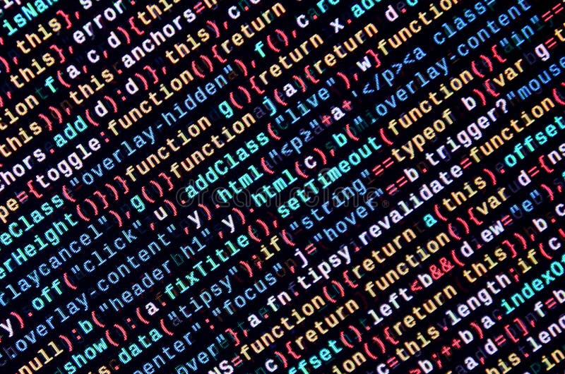 Javascript functions, variables, objects. Monitor closeup of function source code. IT specialist workplace vector illustration