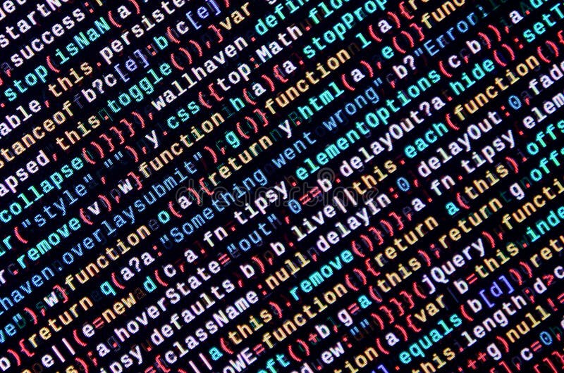 Javascript functions, variables, objects. Monitor closeup of function source code. IT specialist workplace stock illustration