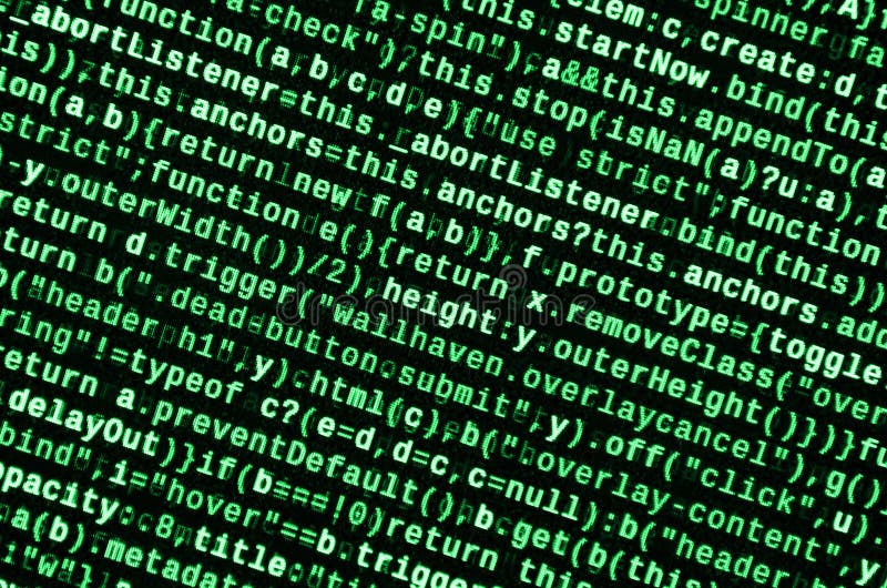 Javascript functions, variables, objects. Monitor closeup of function source code. IT specialist workplace royalty free illustration