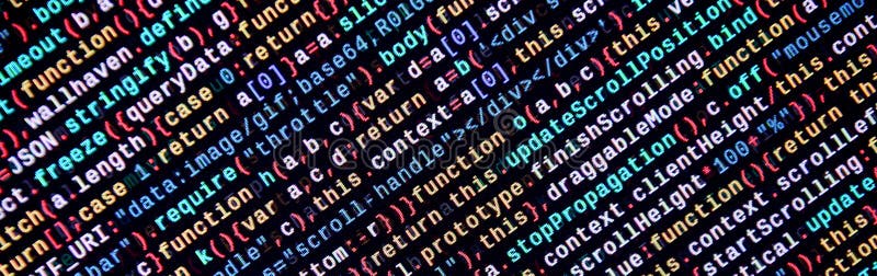 Javascript functions, variables, objects. Monitor closeup of function source code. IT specialist workplace royalty free illustration