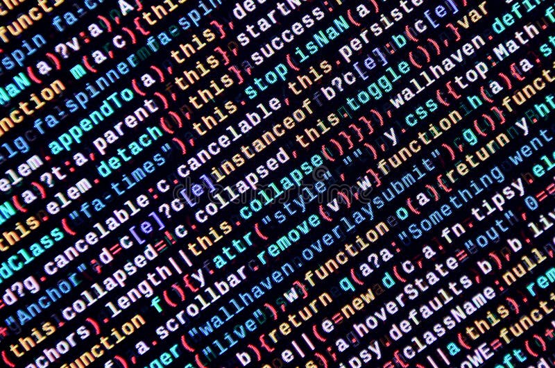 Javascript functions, variables, objects. Monitor closeup of function source code. IT specialist workplace vector illustration