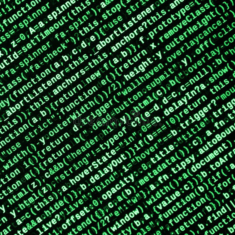Javascript functions, variables, objects. Monitor closeup of function source code. IT specialist workplace royalty free illustration