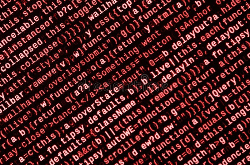 Javascript functions, variables, objects. Monitor closeup of function source code. IT specialist workplace royalty free illustration