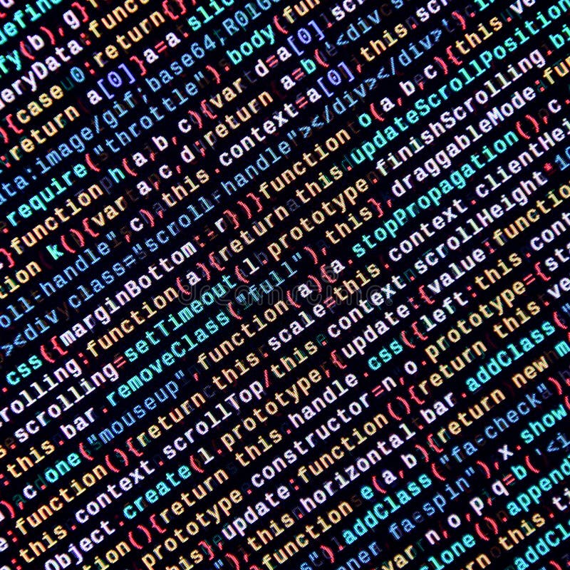 Javascript functions, variables, objects. Monitor closeup of function source code. IT specialist workplace royalty free illustration