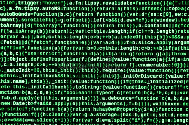 Javascript functions, variables, objects. Monitor closeup of function source code. IT specialist workplace royalty free illustration