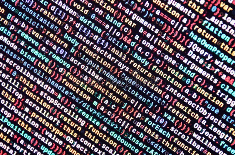 Javascript functions, variables, objects. Monitor closeup of function source code. IT specialist workplace royalty free illustration