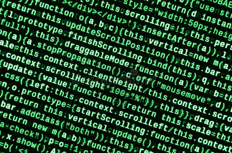 Javascript functions, variables, objects. Monitor closeup of function source code. IT specialist workplace vector illustration
