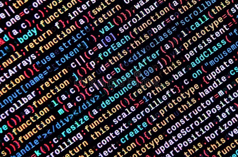Javascript functions, variables, objects. Monitor closeup of function source code. IT specialist workplace stock illustration