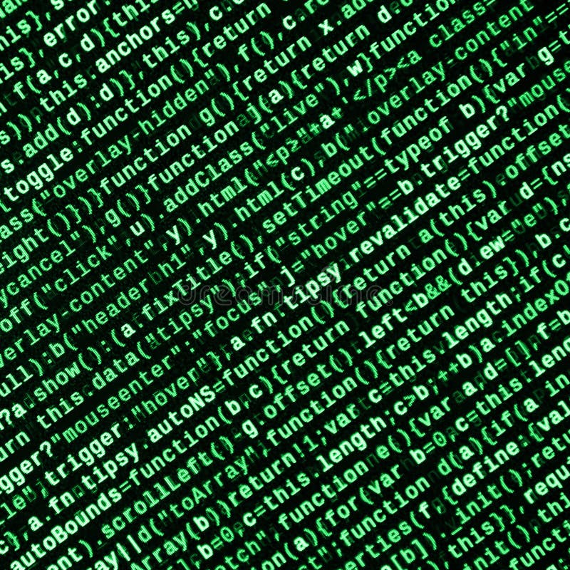 Javascript functions, variables, objects. Monitor closeup of function source code. IT specialist workplace royalty free illustration