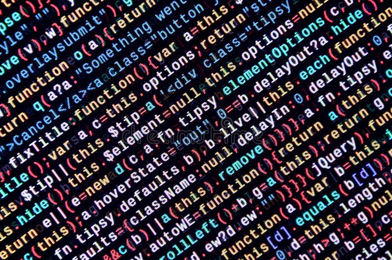 Javascript functions, variables, objects. Monitor closeup of function source code. IT specialist workplace royalty free illustration