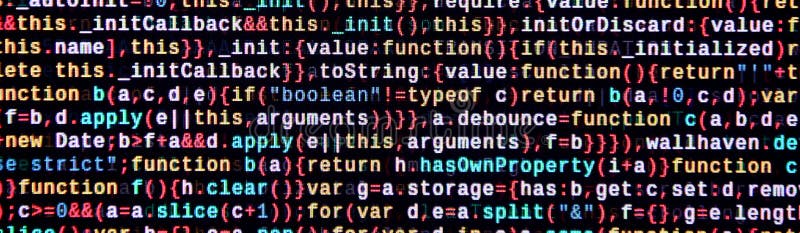 Javascript functions, variables, objects. Monitor closeup of function source code. IT specialist workplace stock illustration