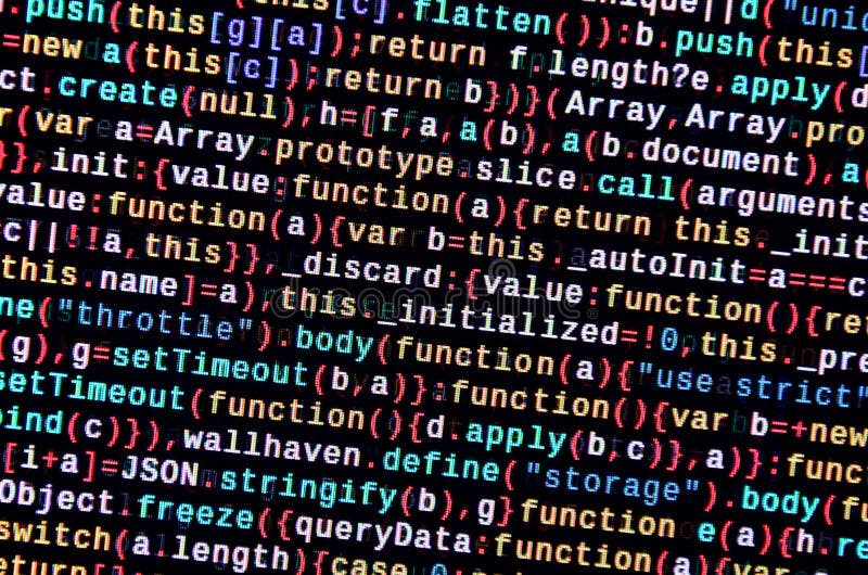 Javascript functions, variables, objects. Monitor closeup of function source code. IT specialist workplace royalty free illustration