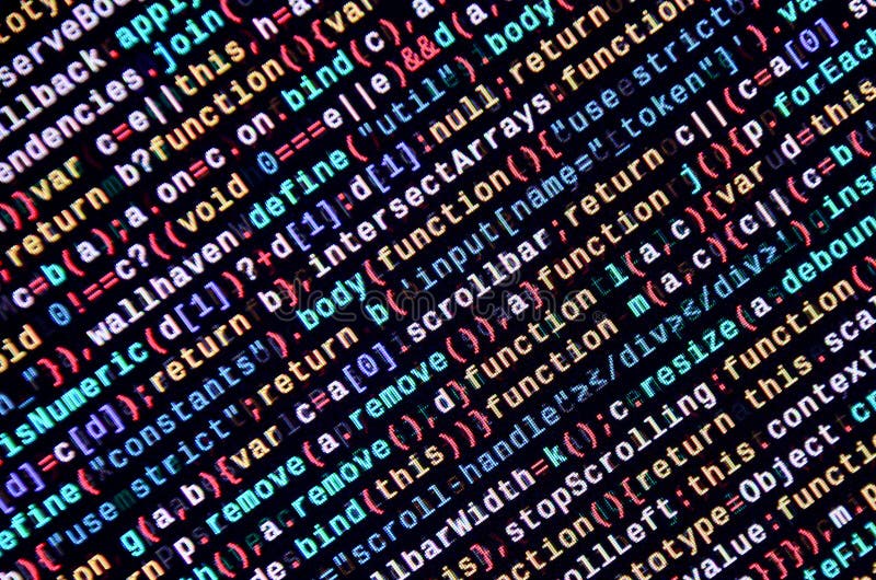 Javascript functions, variables, objects. Monitor closeup of function source code. IT specialist workplace royalty free illustration