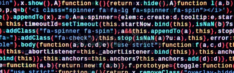 Javascript functions, variables, objects. Monitor closeup of function source code. IT specialist workplace royalty free illustration