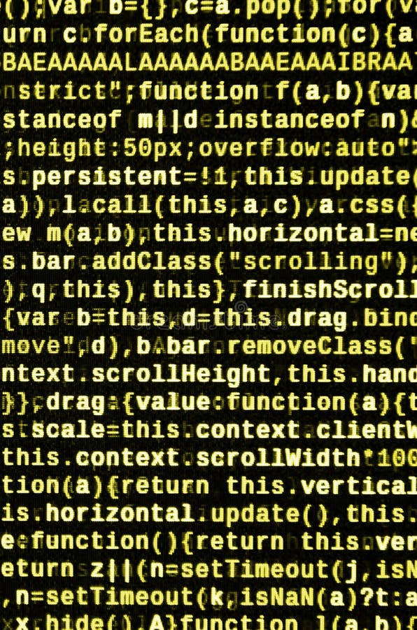 Javascript functions, variables, objects. Monitor closeup of function source code. IT specialist workplace. Big data and Internet of things trend. HTML website structure. Website programming code
