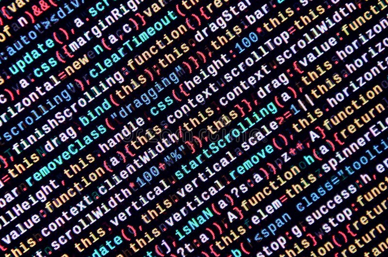 Javascript functions, variables, objects. Monitor closeup of function source code. IT specialist workplace vector illustration