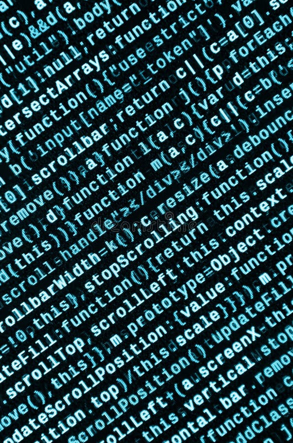 Javascript functions, variables, objects. Monitor closeup of function source code. IT specialist workplace royalty free illustration