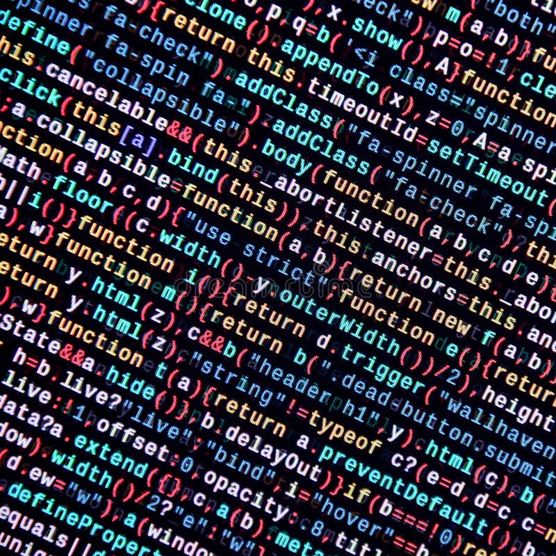 Javascript functions, variables, objects. Monitor closeup of function source code. IT specialist workplace vector illustration
