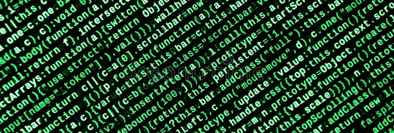 Javascript functions, variables, objects. Monitor closeup of function source code. IT specialist workplace vector illustration